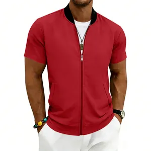 Close-up detail of a casual red short-sleeved baseball jacket with zipper and stand collar