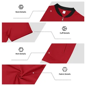 Detail views of red men's baseball jacket showing collar, cuff, hem, and fabric texture.