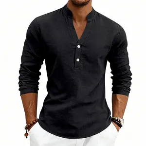 Detail view of a men's black long sleeve linen Henley shirt with V-neck and button closure