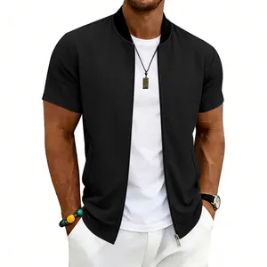 Men's black short-sleeve zipper bomber jacket with stand collar for summer casual wear