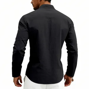 Back view of men's casual black linen long-sleeved Henley shirt showing loose fit and fabric