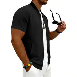 Detail of men's short-sleeved black bomber jacket with zipper and stand collar.