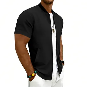 Detailed view of men's casual black short-sleeve bomber jacket with stand collar and zipper