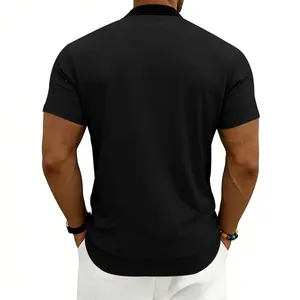 Back view of a casual black men's short sleeve baseball jacket with stand collar for summer