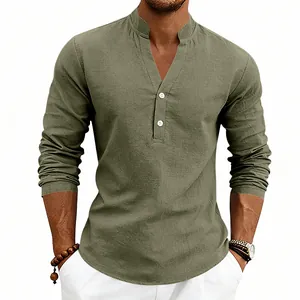 Close-up of men's olive green linen Henley shirt with V-neck and button detail