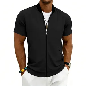 Casual men's summer short sleeve zip-up baseball bomber jacket in black with stand collar