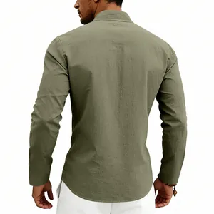 Back view of men's olive green linen Henley shirt with loose fit and casual style.