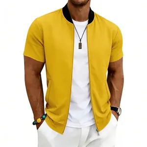Detail view of men's casual short sleeve bomber jacket with zip-up stand collar
