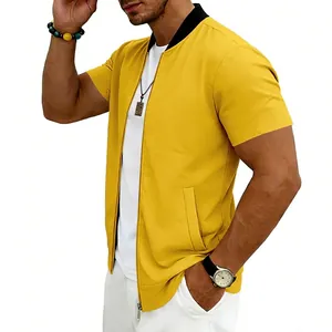Detailed close-up view of men's short sleeve yellow bomber jacket featuring a stand collar.