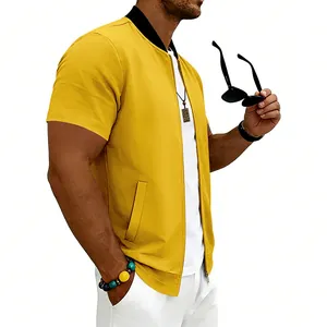 Detailed side view of a men's yellow short-sleeved baseball bomber jacket with zipper