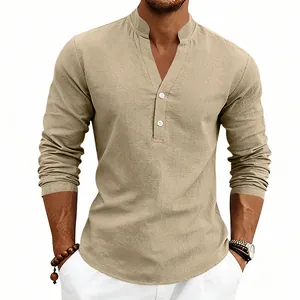 Detailed close-up of khaki long-sleeved Henry shirt with breathable linen fabric.