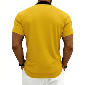 Back view of a men's yellow sports short-sleeved baseball shirt with black collar