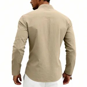 Back view of a khaki long-sleeve linen Henley shirt for men with loose casual fit