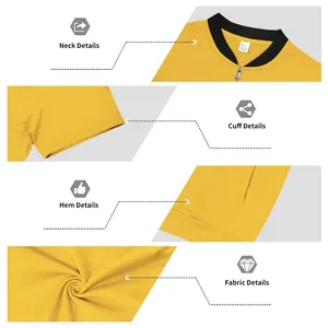Detail view of men's yellow short sleeve bomber jacket showing neck and fabric texture