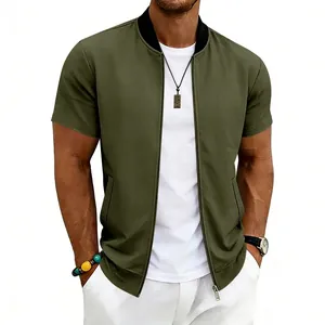 Close-up detail of men's short sleeve army green baseball bomber jacket with zipper
