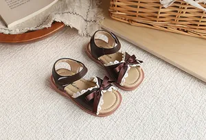 Sandales marron pour fillettes avec dentelle et nœud papillon, chaussures de plage plates