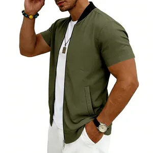 Detail view of men's olive green short sleeve casual summer bomber jacket with zipper