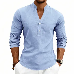 Detailed view of a light blue linen long-sleeved Henry shirt for men with V-neck