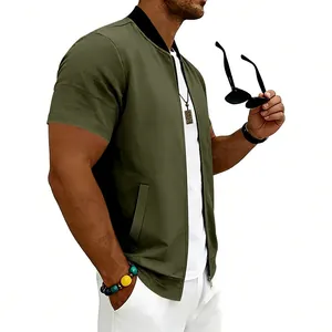 Men's olive green short sleeve bomber jacket with stand collar and zipper detail.