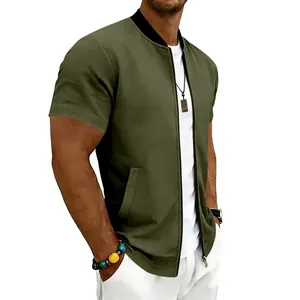 Side view of olive green men's short sleeve zipper baseball jacket with stand collar
