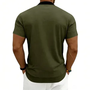 Detailed back view of a men's army green casual stand collar short sleeve baseball jacket