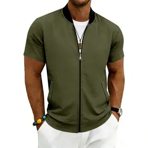 Detailed view of men's olive green short sleeve bomber jacket with zipper closure