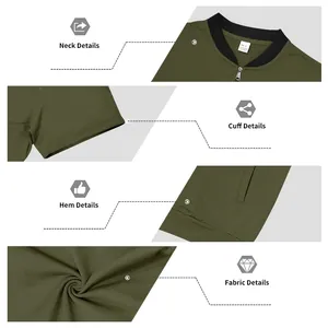Detailed views of neck, cuff, hem and fabric texture for olive green short sleeve bomber jacket