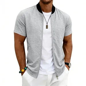 Detailed view of a men's grey short sleeve bomber jacket with black ribbed stand collar
