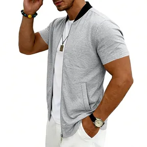 Side view of a men's gray short-sleeve zip-up baseball jacket with a black stand collar.