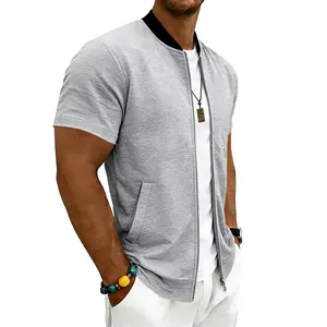 Detailed close-up of a men's casual short sleeve zip-up bomber jacket in light gray