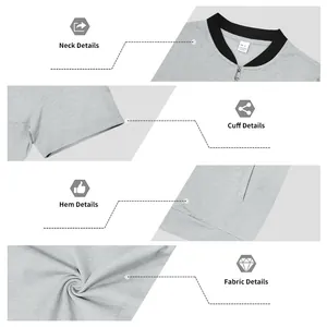 Detailed close-ups of grey short-sleeve baseball jacket neck, cuff, hem and fabric texture