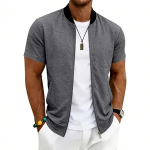 Detailed close-up shot of men's grey short-sleeve bomber jacket with zipper and black collar