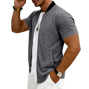Detailed view of men's grey short-sleeve baseball jacket with zipper and stand collar