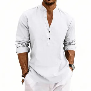 Modisches weißes Langarm-Henley-Shirt für Herren mit atmungsaktiver Leinenstruktur und V-Ausschnitt