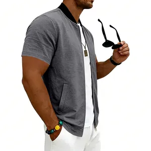 Detail view of men's short-sleeve zipper baseball jacket in grey with stand collar