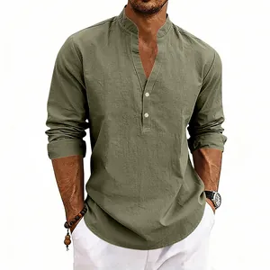Men's casual loose olive green linen Henley shirt with long sleeves and buttons placket