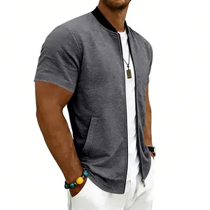 Close-up of a grey men's short-sleeve bomber jacket featuring a zipper and stand collar