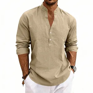 Casual men's loose linen-textured Henley shirt with V-neck and long sleeves in khaki