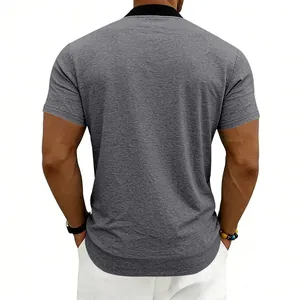 Back view of men's casual short-sleeve polo shirt with black stand collar and gray textured fabric