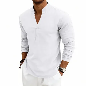Atmungsaktives Herren Leinenhemd mit V-Ausschnitt, Langarm Henley Shirt in Weiß