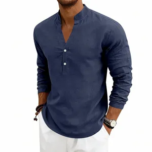 Men's relaxed fit navy blue linen Henley shirt with long sleeves and v-neck design