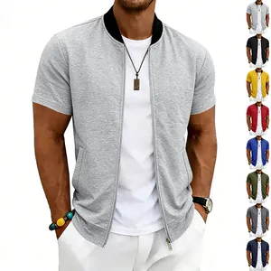 Men's Summer Casual Short Sleeve Bomber Jacket Stand Collar Zipper Sport Baseball Flight Jacket Polyester Outerwear Top