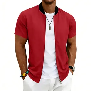 Stylish men's red short-sleeve bomber jacket with a stand-up collar and zipper closure.