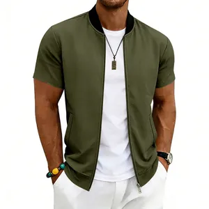 Men's casual olive green summer bomber jacket with stand collar and short sleeves