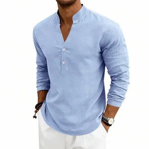 Men's loose light blue linen-style long-sleeve Henley shirt for casual autumn wear
