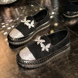 Damen Plateau Loafer Wildlederimitat Strass Schmetterling Quaste Dekor Slip On Casual Mode Bequeme Freizeitschuhe