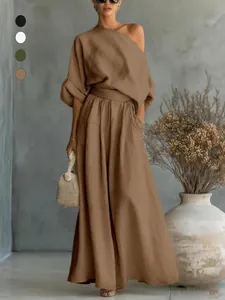 Women Casual Polyester Off Shoulder Top And Bottom Fashion Loose Wide Leg Pants Two Piece Outfit Daily