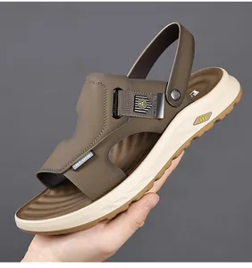 Close-up detail of men's two-wear beach sandal with soft sole and buckle element