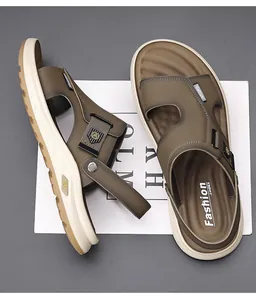 Close-up of brown men's outdoor sandals with rotatable heel strap and thick sole