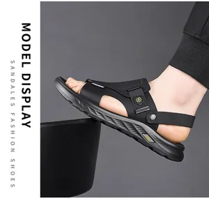 Detail showing the side profile and soft sole of black men's fashion sport sandals.